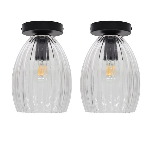 Set of 2 Birch - Clear Fluted Glass Black Ceiling Light Fittings