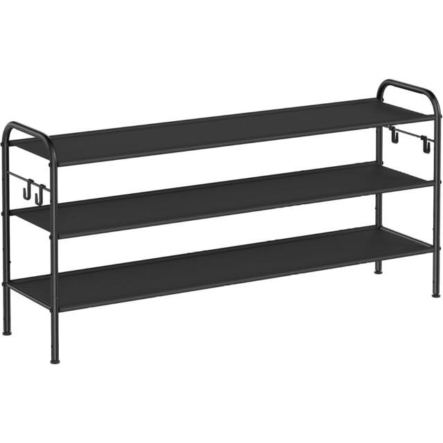 3-Tier Fabric Shoe Rack with Hooks, Adjustable Shoe Shelf for Entryway or Closet, Holds Many Pairs, Ink Black