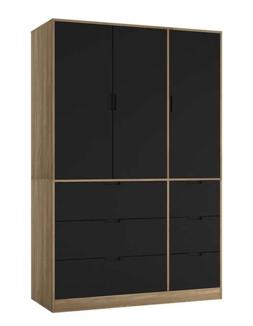 RIGA 3 Door 6 Drawer Wardrobe Brown Oak & Black 10 x 44.5 x 79 1