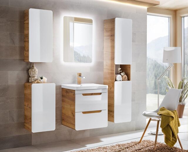 Bathroom Mirror Cabinet Mirrored Unit 400mm Wall Hung Narrow Slim Storage Oak Effect Aruba