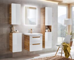 Bathroom Mirror Cabinet Mirrored Unit 400mm Wall Hung Narrow Slim Storage Oak Effect Aruba