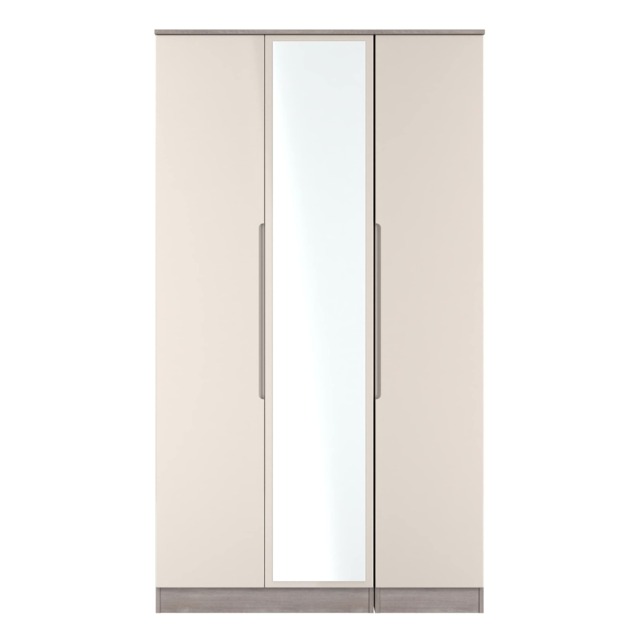 Lucca Tall Triple Mirrored Wardrobe in Kashmir Gloss & Grey Oak (Ready Assembled) Cream Kashmir Gloss & Grey Oak