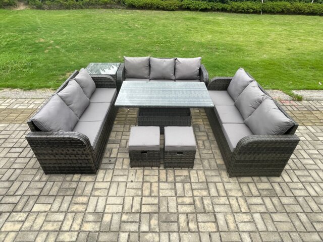 Fimous Patio Garden Dining Set Outdoor Rattan Furniture Lounge Sofa Height Adjustable Rising lifting Table With Side Table 2 Small Footstools Dark Grey Mixed