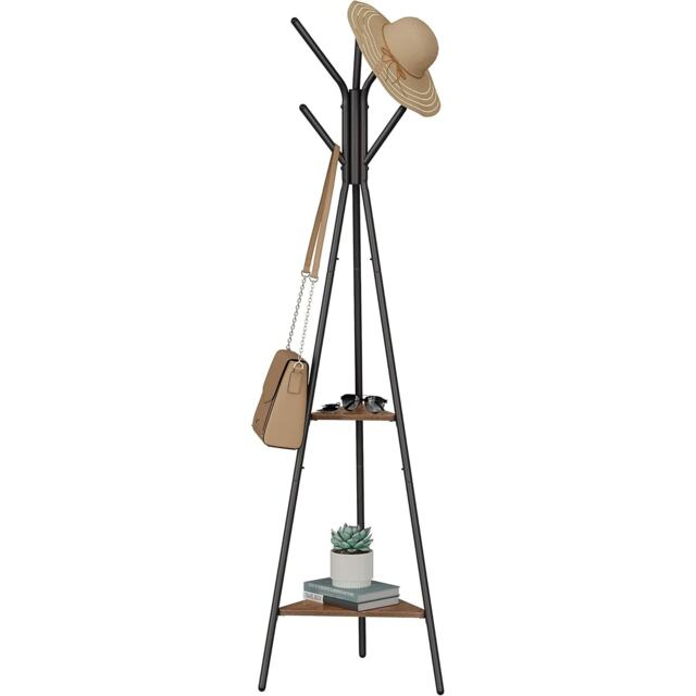 Industrial Hall Tree Coat Rack with 2 Storage Shelves, Freestanding Entryway Stand, Hazelnut Brown and Black