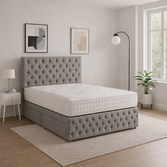 Silver Chesterfield 3ft single plush divan bed headboard and footboard set 2 Drawers Right Side Laying in Bed