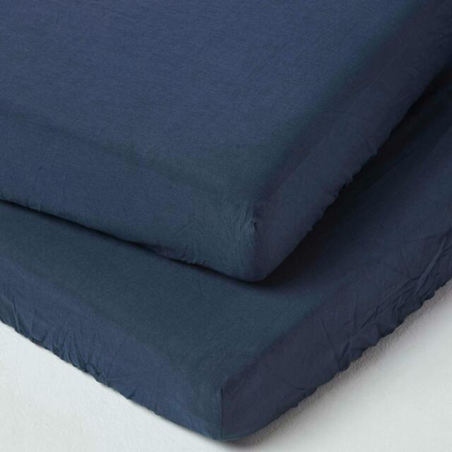 Homescapes Navy Linen Fitted Cot Sheet 60 x 120 cm, Pack of 2 Blue One Size