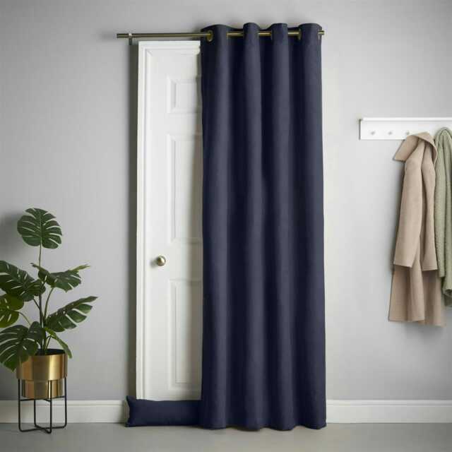 Velvet Chenille Thermal Fleece Lined Single Ring Top Door Curtain - 137cm x 213cm - Navy
