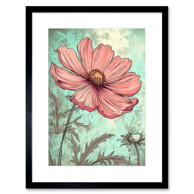 "Cosmos Flower Bloom Soft Pink Teal Watercolour 9x7"" Black Framed Wall Art Print"