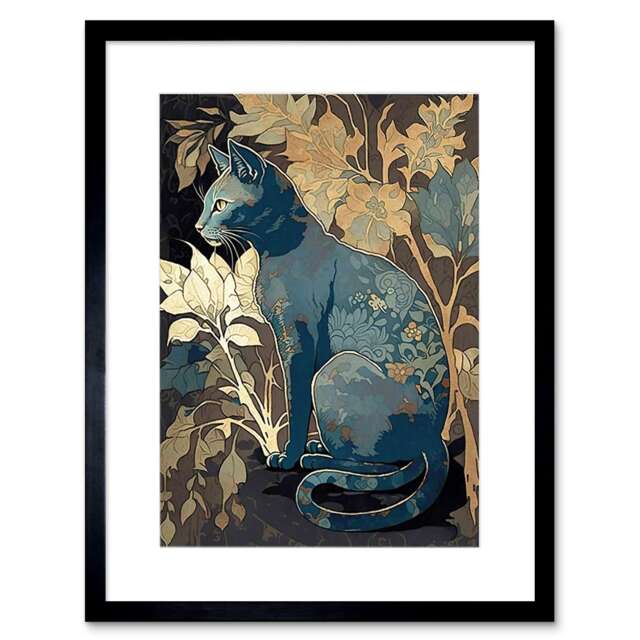 "Russian Blue Cat Lover Gift Autumn Plants Floral 9x7"" Black Framed Wall Art Print"
