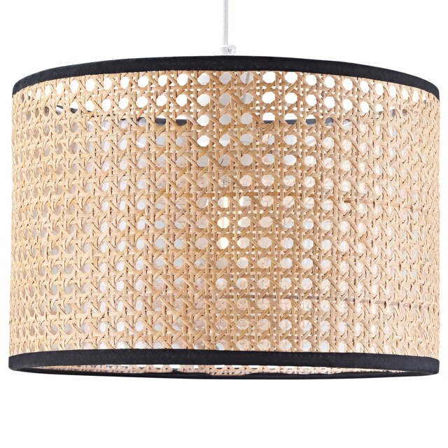 Natural Wicker Rattan Drum Shaped Pendant Lamp Shade with Black Cotton Trims Brown Brown 1