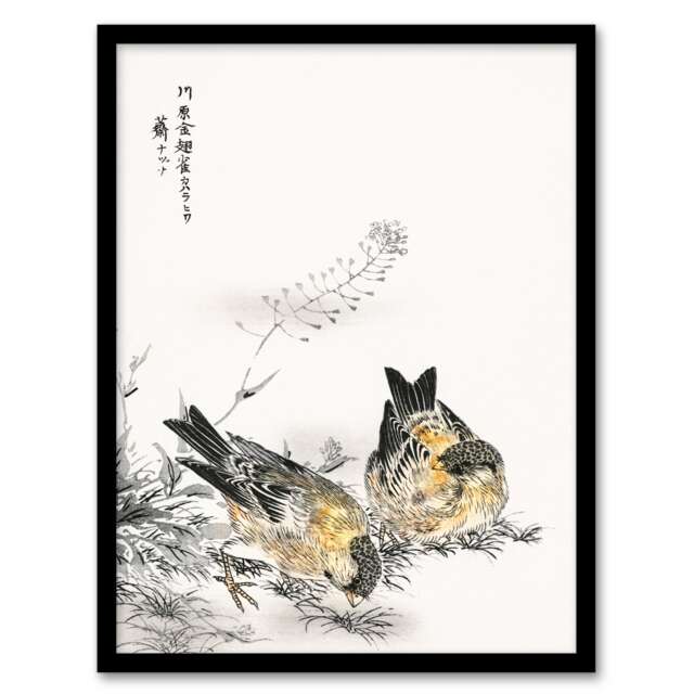 Numata Kashu Framed Wall Art Greenfinch and Shepherds Purse Plant Home Décor