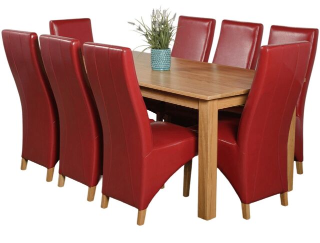 Oslo 180 x 90 cm Large Oak Dining Table and 8 Lola Leather Chairs Red Red