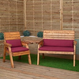 3 Seater Chunky Rustic Wooden Garden Furniture Set with Angled Tray & Burgundy Cushions