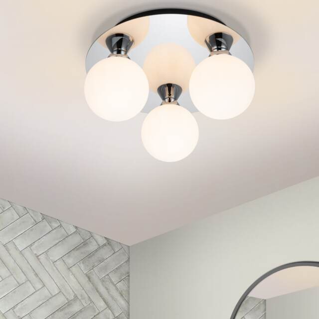COSYLYTE Bowen Bathroom Light 3 Classic Opal Glass Ceiling Flush Light - Chrome Chrome 1