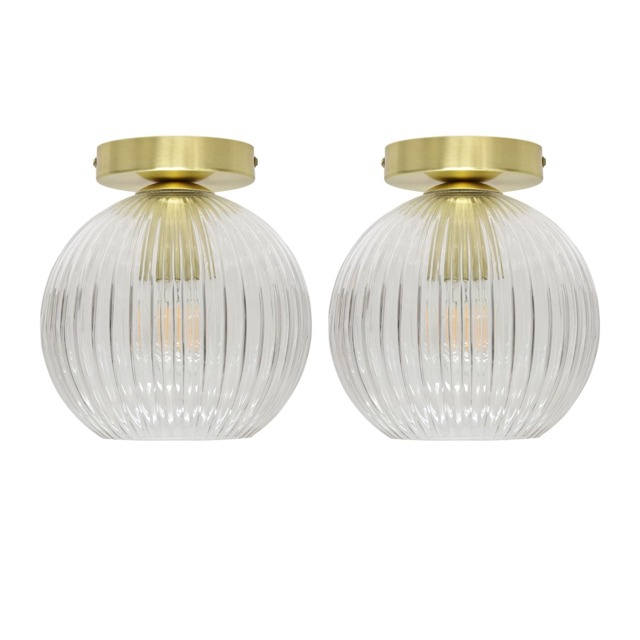 Set of 2 Betchley - Clear Ribbed Glass Satin Brass Ceiling Lights