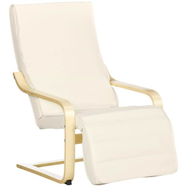 HOMCOM Wooden Armchair, Upholstered Linen Lounge Chair with Adjustable Footrest & Removable Cushion, Poang Chair for Living Room, Cream White