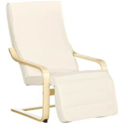 HOMCOM Wooden Armchair, Upholstered Linen Lounge Chair with Adjustable Footrest & Removable Cushion, Poang Chair for Living Room, Cream White