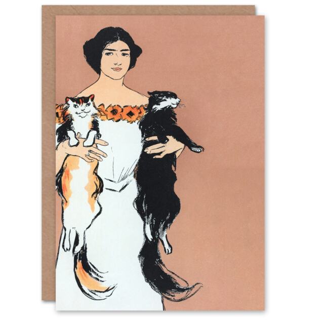 Edward Penfield Art Card Woman Holding Two Cats Drawing