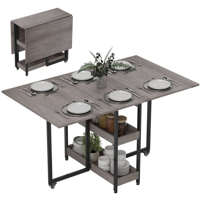 HOMCOM Folding Dining Table, Drop Leaf Table w/ Open Compartments, Grey