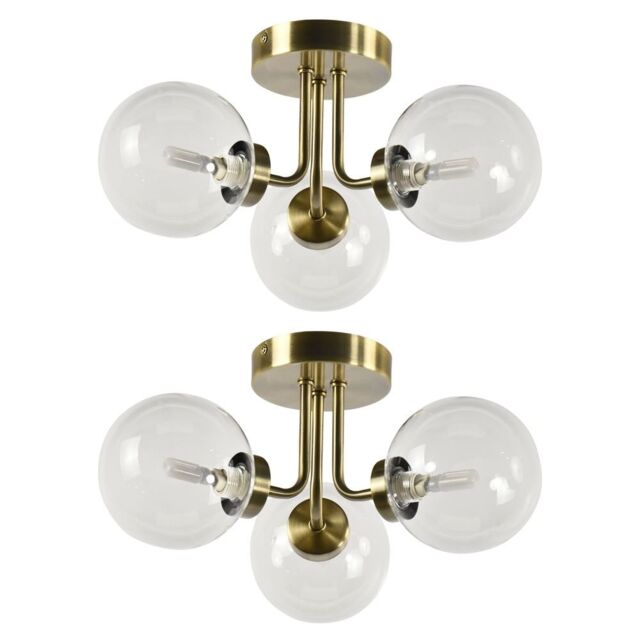 Set of 2 Dore - Antique Brass Ceiling Lights with Clear Glass Shades