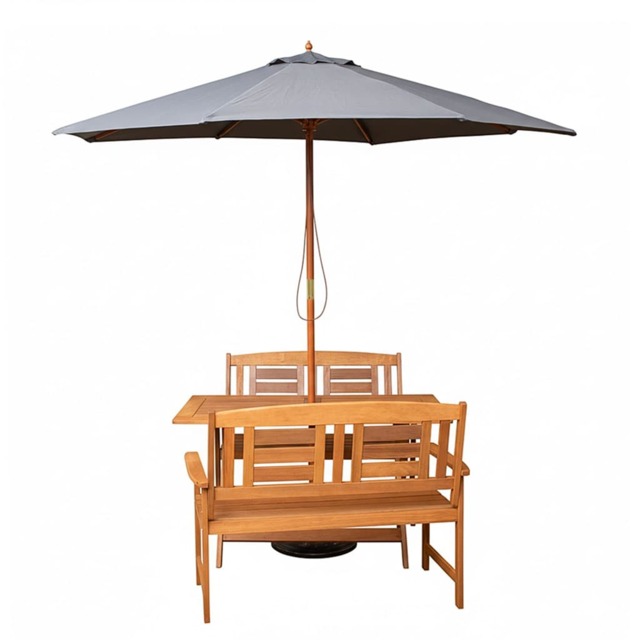 Outdoor 4 Person Folding Rectangular Wooden Garden Dining Table Benches Grey Parasol and Base Set