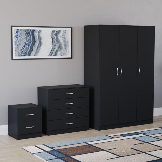 Vida Designs Riano 3 Piece Bedroom Set (2 Drawer Bedside Chest, 4 Drawer Chest, 3 Door Wardrobe) - Black