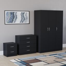 Vida Designs Riano 3 Piece Bedroom Set (2 Drawer Bedside Chest, 4 Drawer Chest, 3 Door Wardrobe) - Black