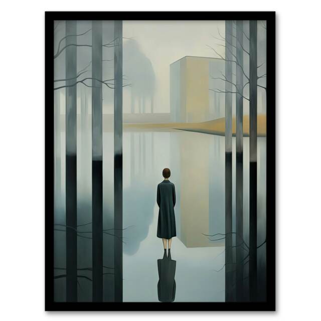 Mist Reflection Surreal Landscape Lone Woman Black Framed Wall Art Print A4