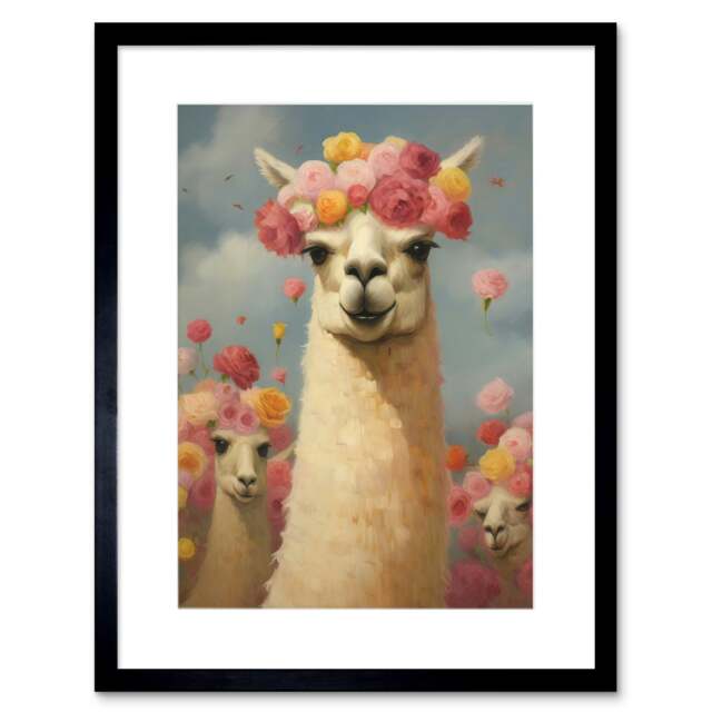 "Llama Wedding Rose Bloom Flower Headdress 9x7"" Black Framed Wall Art Print"