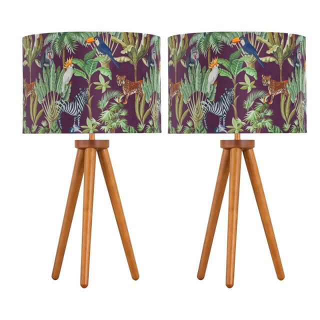 Set of 2 Dark Oak Table Lamp or Bedside Lights with Safari Shades Brown Multi Large 2