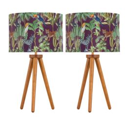 Set of 2 Dark Oak Table Lamp or Bedside Lights with Safari Shades Brown Multi Large 2