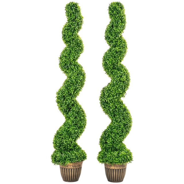 HOMCOM Set of 2 Potted Artificial Plants, Topiary Spiral Boxwood Trees Green Boxwood Green 5ft