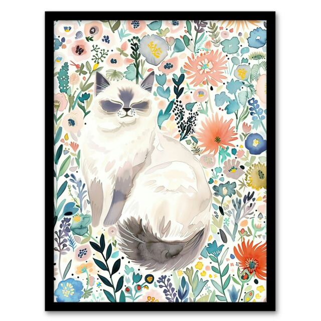 Ragdoll Cat Lover Pet and Watercolour Wildflowers Black Framed Wall Art Print A4