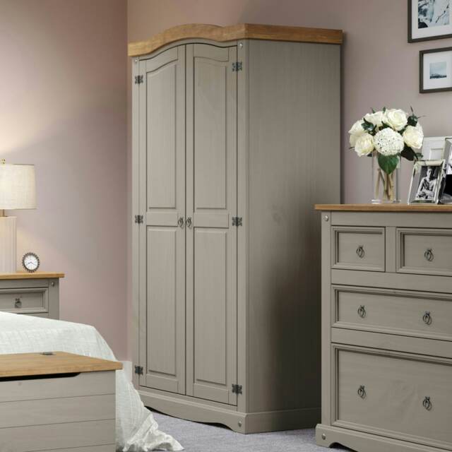Premium Corona 2 Door Wardrobe in Mexican Pine, Classic Design with Metal Hardware Grey Grey One Size 1
