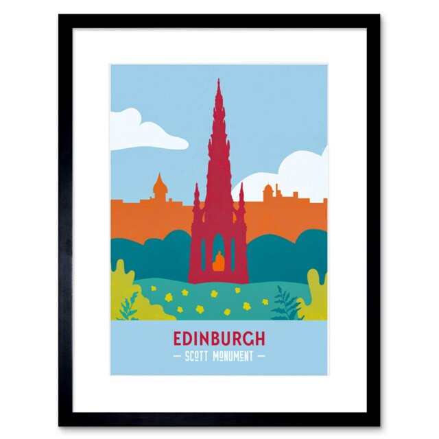 "Scotland Travel Edinburgh Scott Monument Retro 9x7"" Black Framed Wall Art Print"