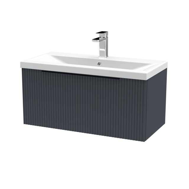 Balterley Fluted Front Wall Hung 1-Drawer Bathroom Vanity Unit with 1 Tap Hole Basin, Handles Grey Soft Black