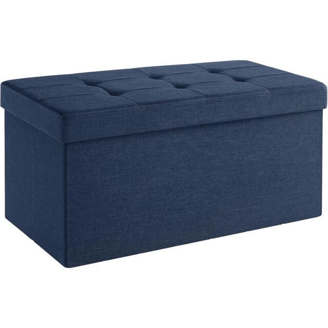 Compact Storage Ottoman Foot Rest, Foldable Linen-Look Fabric Bench, 76 cm, Dark Blue