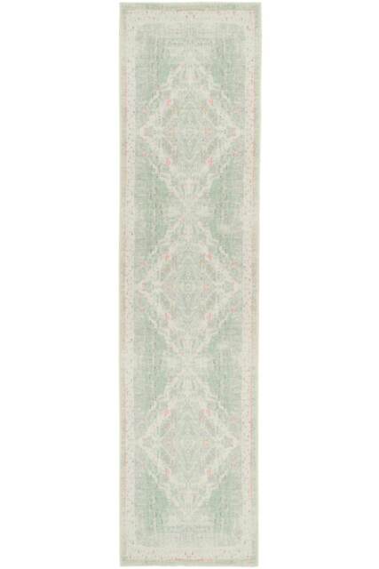 KUKOON Pastel Green Distressed Persian Medallion Non Slip Washable Low Pile Runner Rug 60cm x 240cm Green