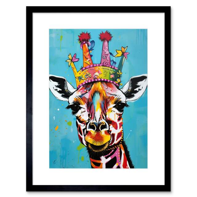 "Giraffe with Princess Crown Fun Kids Bedroom 9x7"" Black Framed Wall Art Print"