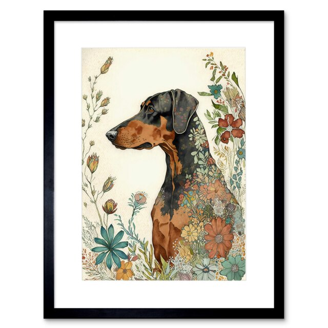"Doberman Dog Spring Flowers Colourful Watercolour 9x7"" Black Framed Wall Art Print"