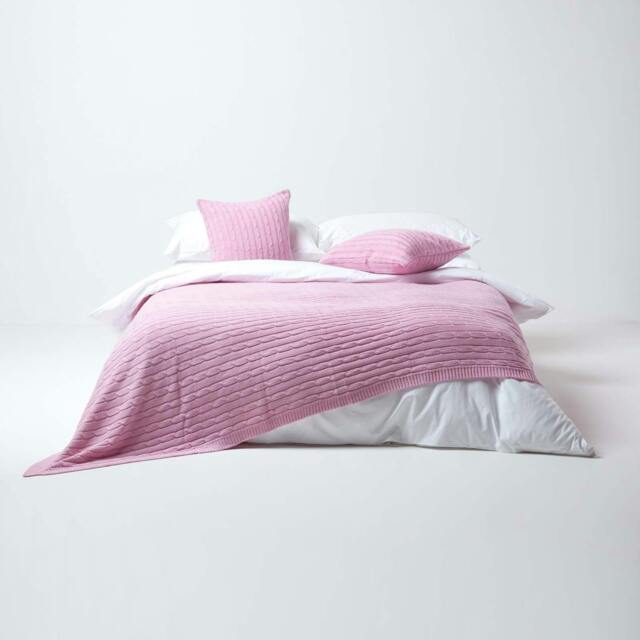 Homescapes Cotton Cable Knit Throw - Pastel Pink - 130 x 170 cm Pink 1