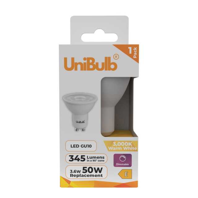 UniBulb LED GU10 345lm 3.6W (Replaces 50W) 3000K (Warm White) Spotlight Downlight Dimmable Light Bulb - Pack of 1 White Warm White 1