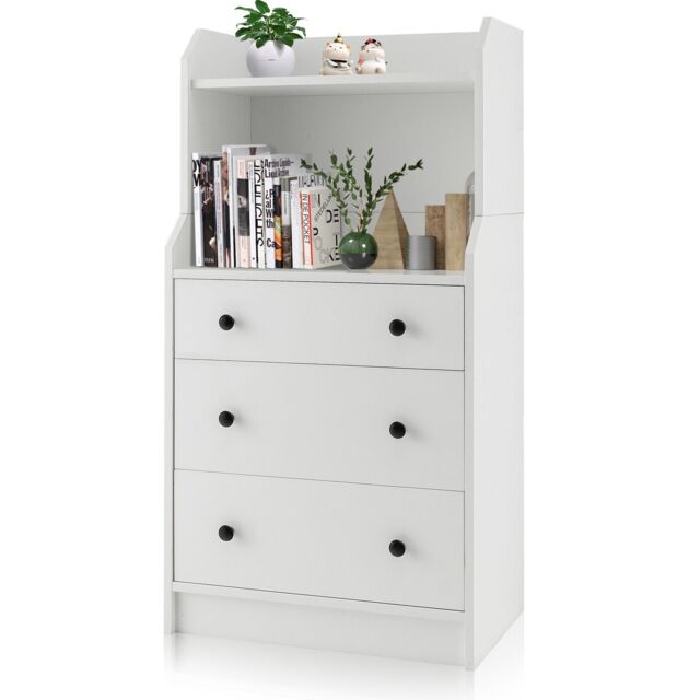 COSTWAY 3 Drawer Dresser Utility Storage Organizer Modern Chest of Drawers with Shelves