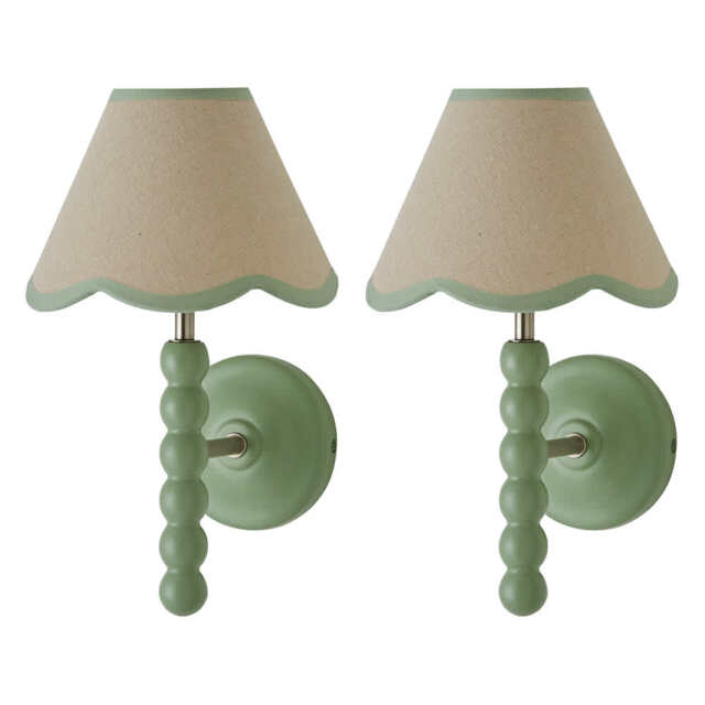 ValueLights Bobbin Pair of Green Wall Lights Trim Shades and Bulbs