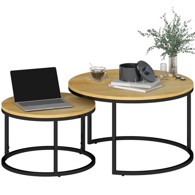 HOMCOM 2 Pcs Stacking Coffee Table Set with Steel Frame, Natural Brown Natural wood finish