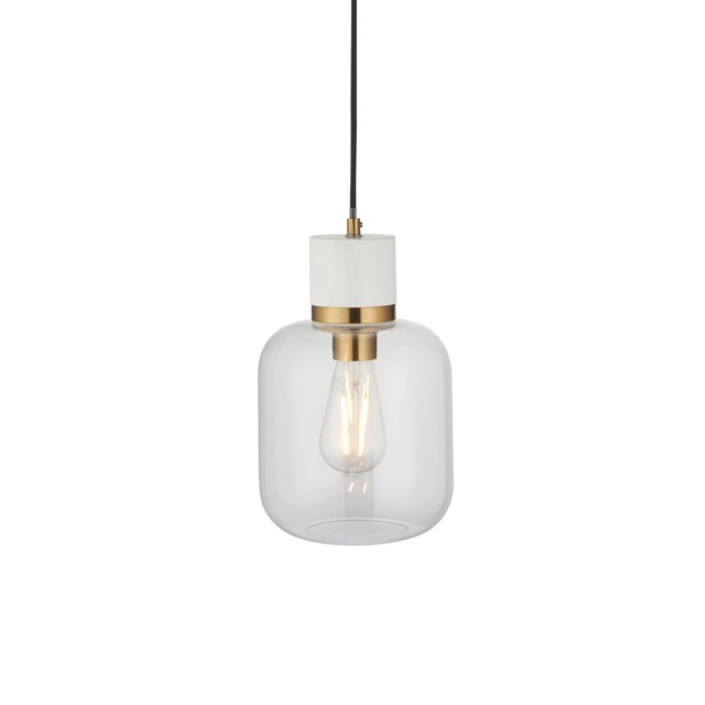Travi Slim Pendant Ceiling Light White Volakas Marble, Vintage Brass & Clear Glass E27