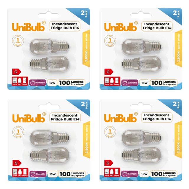 UniBulb Fridge / Oven / Salt Lamp Pygmy E14 Small Edison Screw (SES) 100lm 15W 2800K (Warm White) Incandescent Dimmable Light Bulbs - Pack of 8