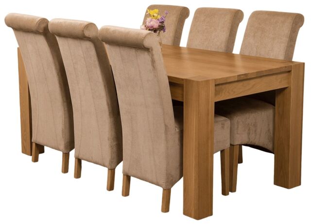 Kuba 180 x 90 cm Chunky Oak Dining Table and 6 Montana Fabric Chairs Brown Beige