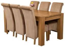 Kuba 180 x 90 cm Chunky Oak Dining Table and 6 Montana Fabric Chairs Brown Beige