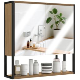 HOMCOM Industrial Bathroom Cabinet with 2 Mirrored Doors Open Shelf, Natural